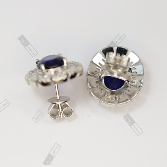 .925 Sterling Silver Oval Earrings with Sapphire-Tone CZ. - Picture 6 of 8